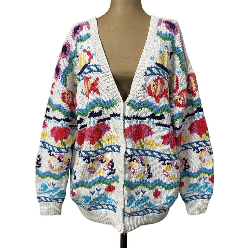 White Multicolor Fish Pattern V-Neck Cardigan Sweater